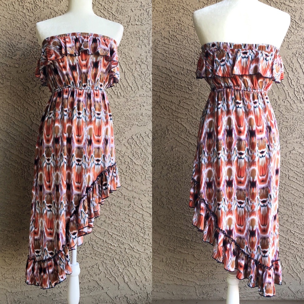 POETRY Strapless Ikat Printed Ruffle Dress